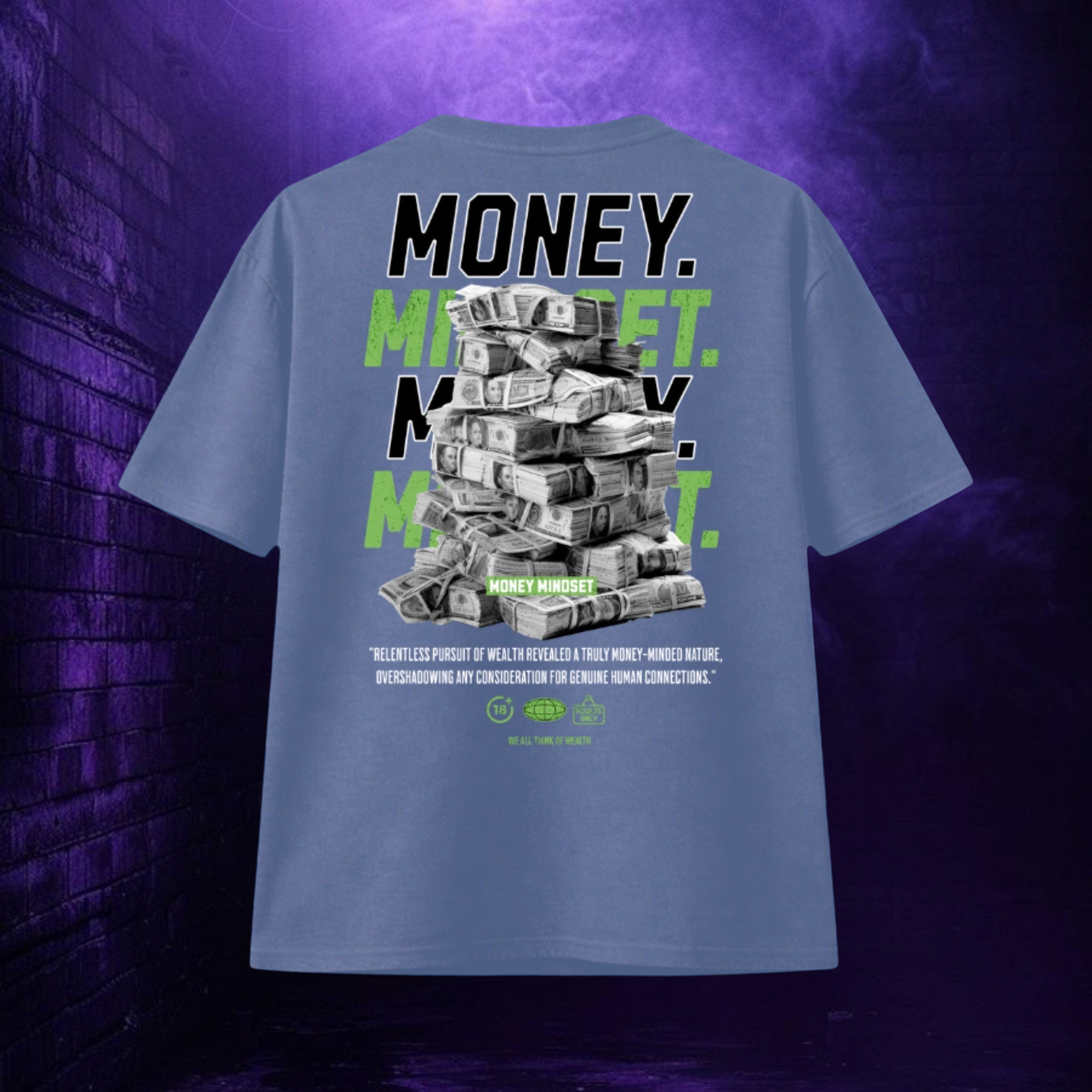 Camiseta TØBY STREET azul con estampado gráfico de fajos de billetes y tipografía Money Mindset en la espalda