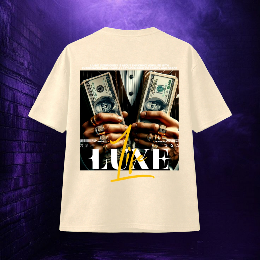 Camiseta TØBY STREET color crema de algodón con estampado gráfico de manos con dinero y texto Luxe en la espalda