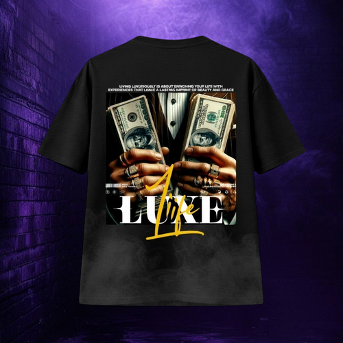 Camiseta negra de manga corta TØBY STREET con estampado gráfico de lujo y billetes en la espalda