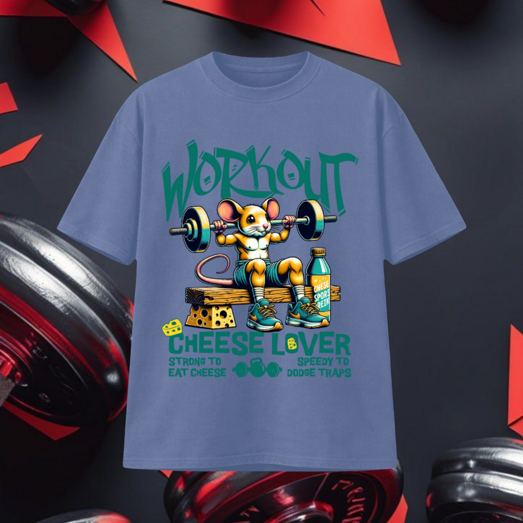 Camiseta oversize TØBY STREET color azul con estampado gráfico de un ratón musculoso levantando pesas en el gimnasio