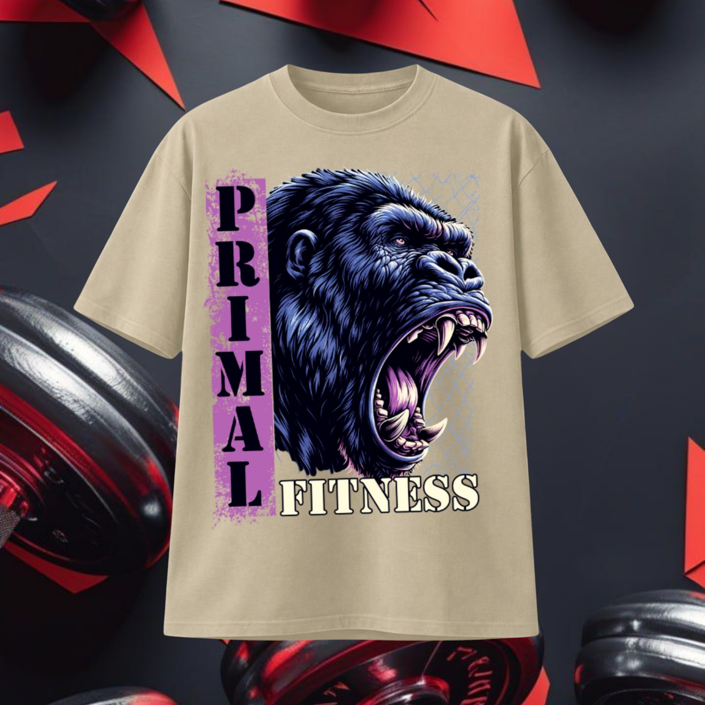 Camiseta TØBY STREET Oversize Monkey color arena con estampado gráfico de gorila y texto Primal Fitness para gimnasio