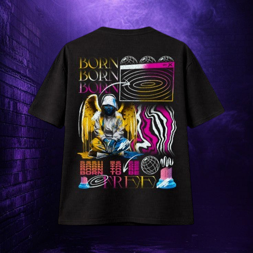 Camiseta oversize negra TØBY STREET con estampado gráfico artístico de ángel, formas abstractas y colores neón