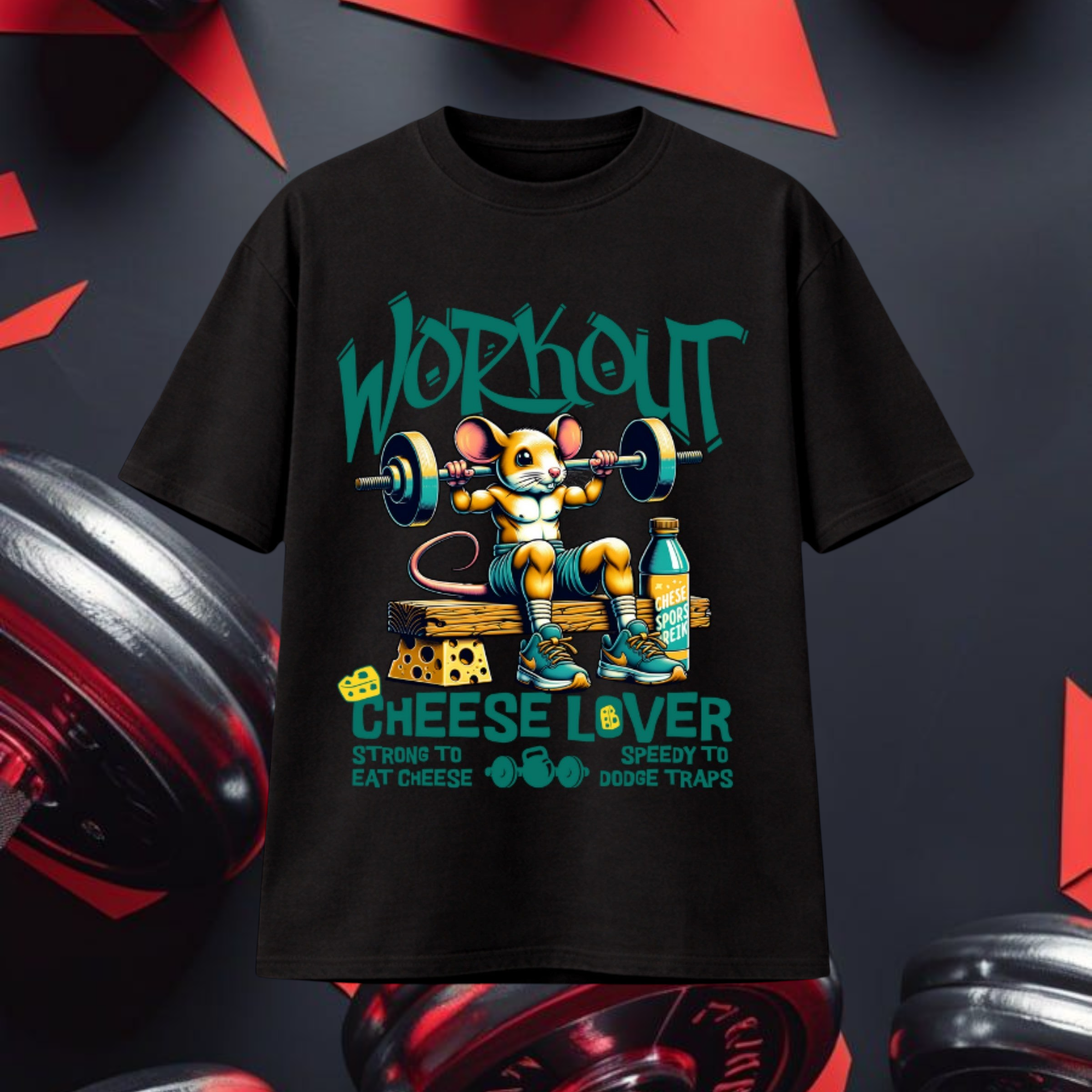 Camiseta oversize negra TØBY STREET con estampado gráfico de ratón musculoso levantando pesas y texto colorido