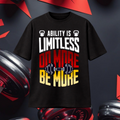 Camiseta TØBY STREET negra oversize con estampado gráfico de gimnasio y texto motivacional en colores rojo y amarillo