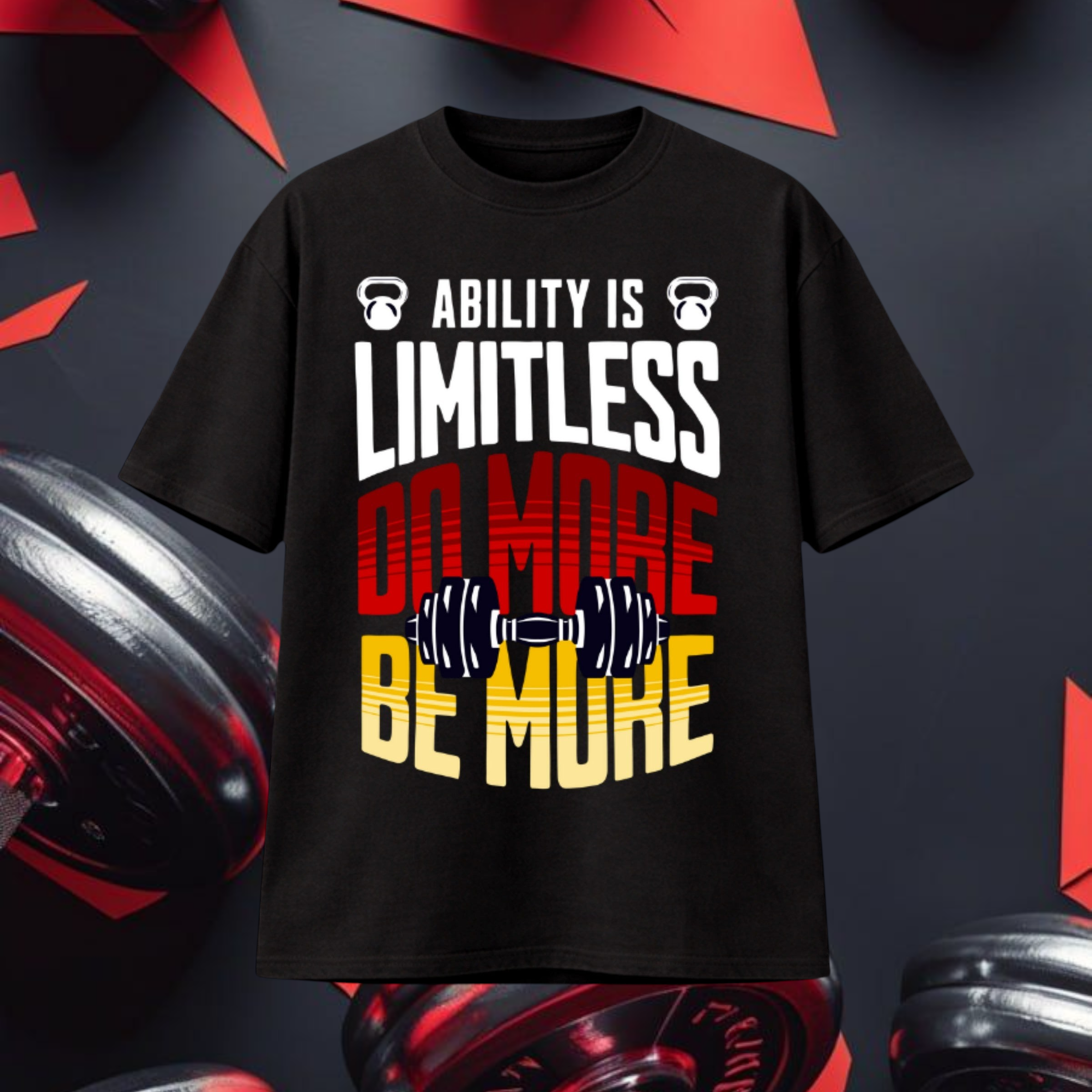 Camiseta TØBY STREET negra oversize con estampado gráfico de gimnasio y texto motivacional en colores rojo y amarillo