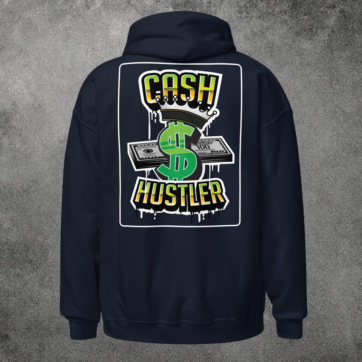 Sudadera con capucha TØBY STREET azul marino con estampado gráfico Cash Hustler y símbolo de dólar en la espalda