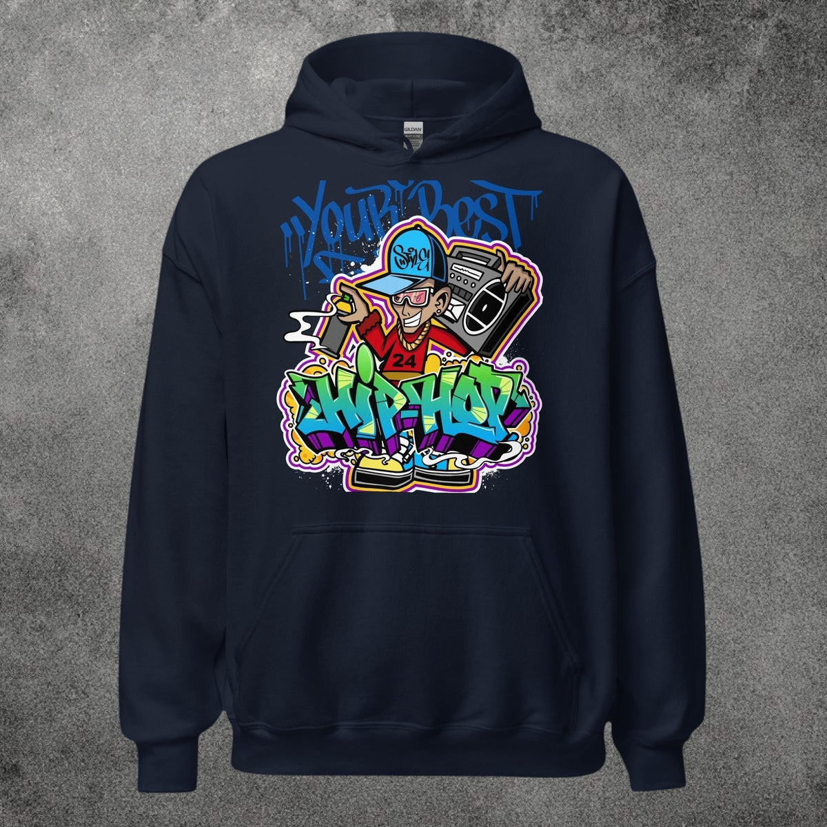 Sudadera con capucha unisex TØBY STREET azul marino con estampado gráfico de estilo hip hop y bolsillo canguro