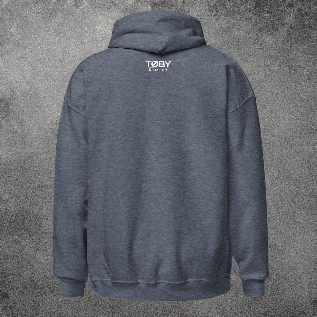 Vista trasera de sudadera con capucha TØBY STREET en color azul marino jaspeado con tejido suave y resistente