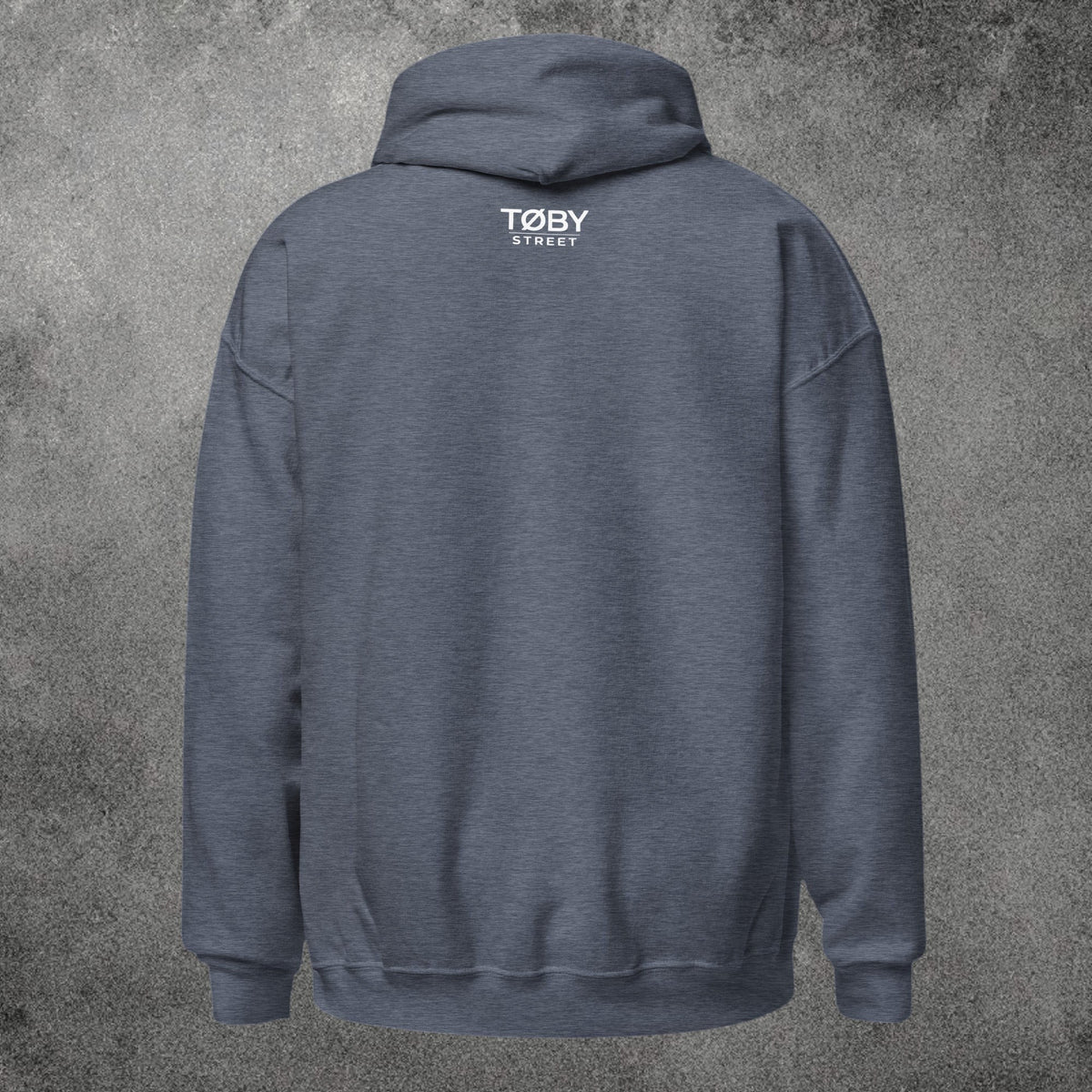 Vista trasera de sudadera con capucha TØBY STREET en color azul marino jaspeado con tejido suave y resistente