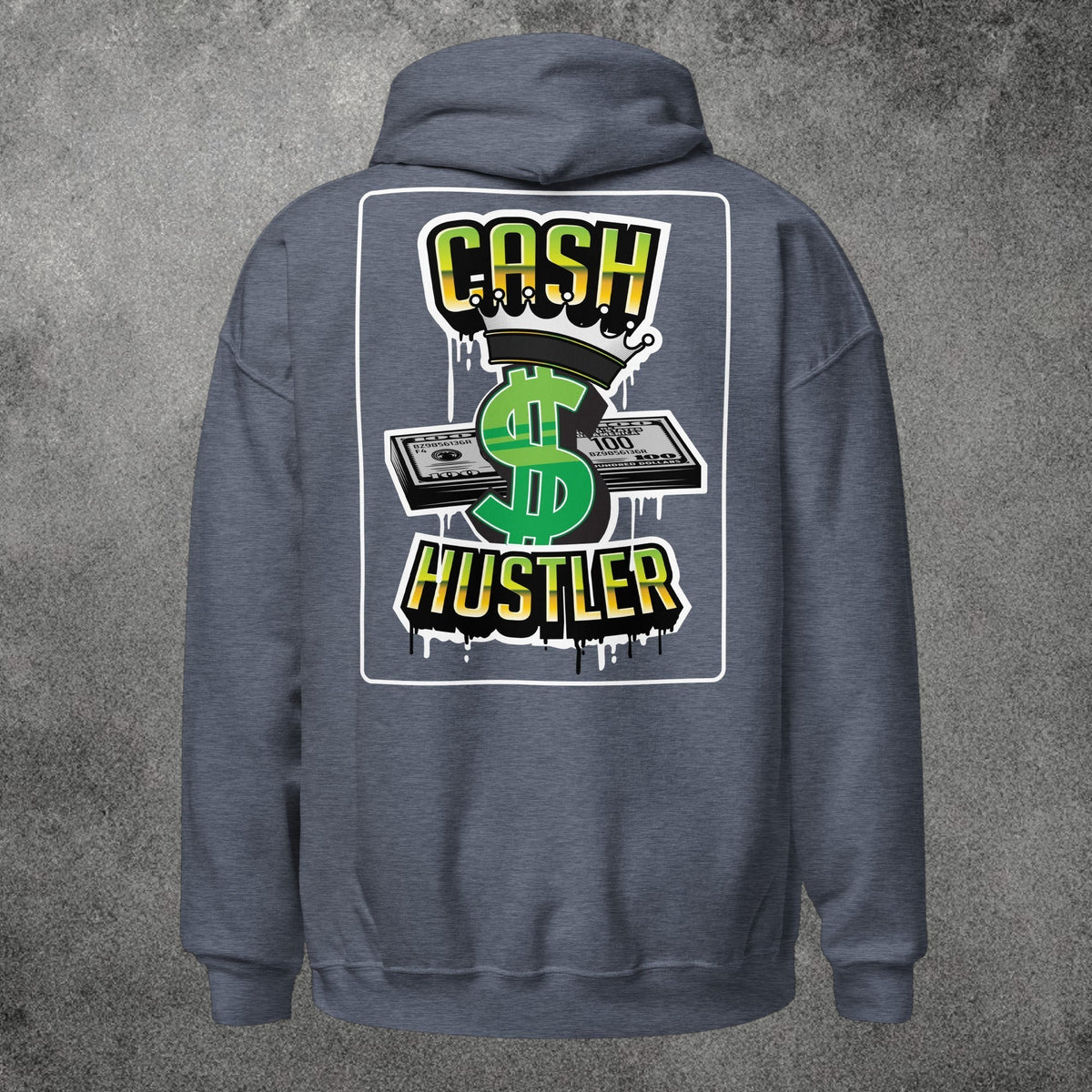 Sudadera con capucha TØBY STREET color azul marino jaspeado con estampado gráfico urbano de dinero y texto Cash Hustler