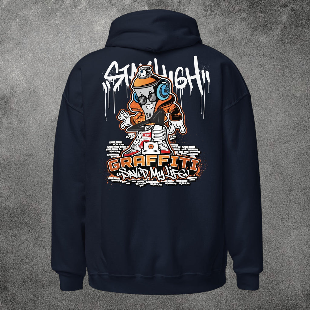 Sudadera con capucha TØBY STREET azul marino con estampado de graffiti urbano en la espalda y diseño de spray