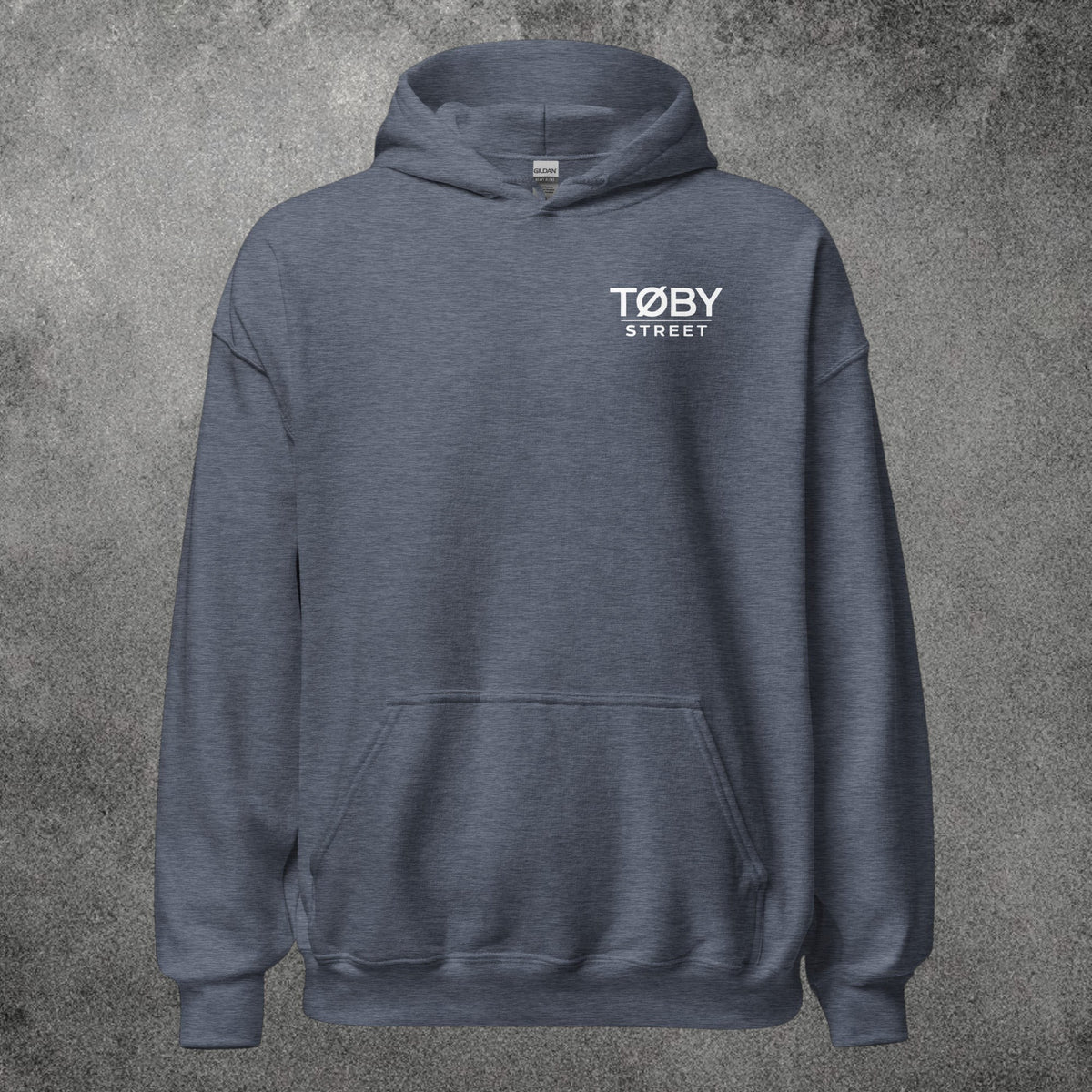 Sudadera con capucha unisex TØBY STREET en color azul marino jaspeado con bolsillo canguro y cordón de ajuste