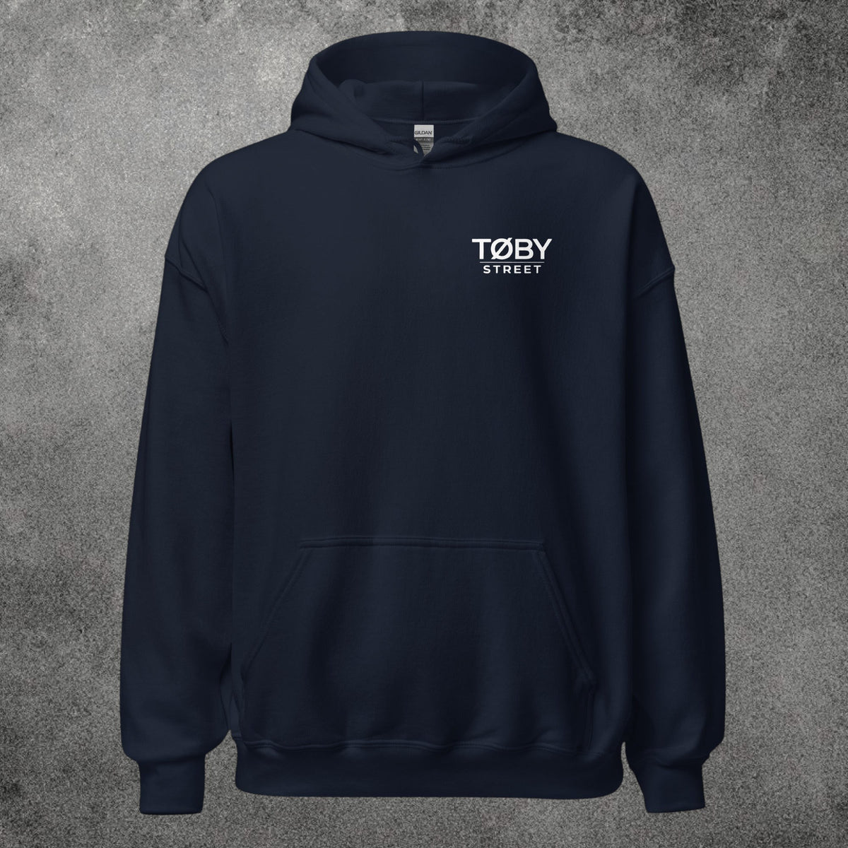 Sudadera con capucha unisex TØBY STREET en color azul marino con bolsillo canguro y cordón de ajuste