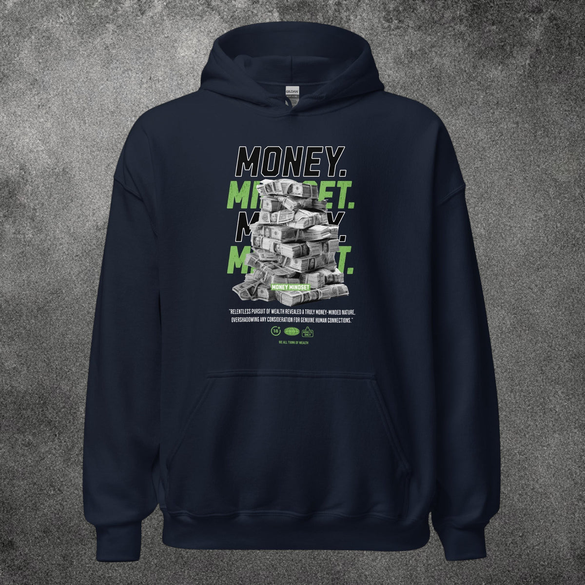 Sudadera con capucha TØBY STREET azul marino con estampado gráfico de fajos de billetes y texto motivacional