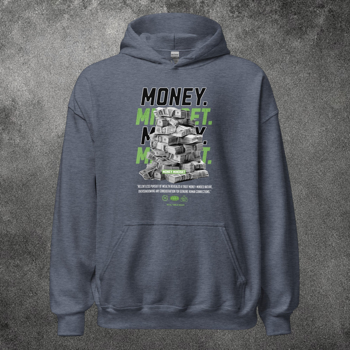 Sudadera con capucha TØBY STREET azul marino jaspeado con estampado gráfico de fajos de billetes y texto motivacional