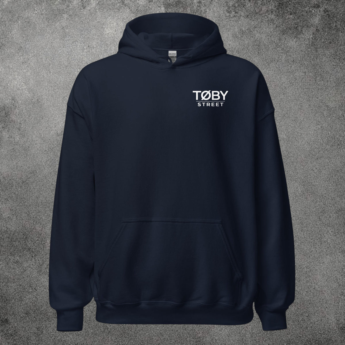 Sudadera con capucha unisex azul marino de TØBY STREET con bolsillo canguro y cordón de ajuste