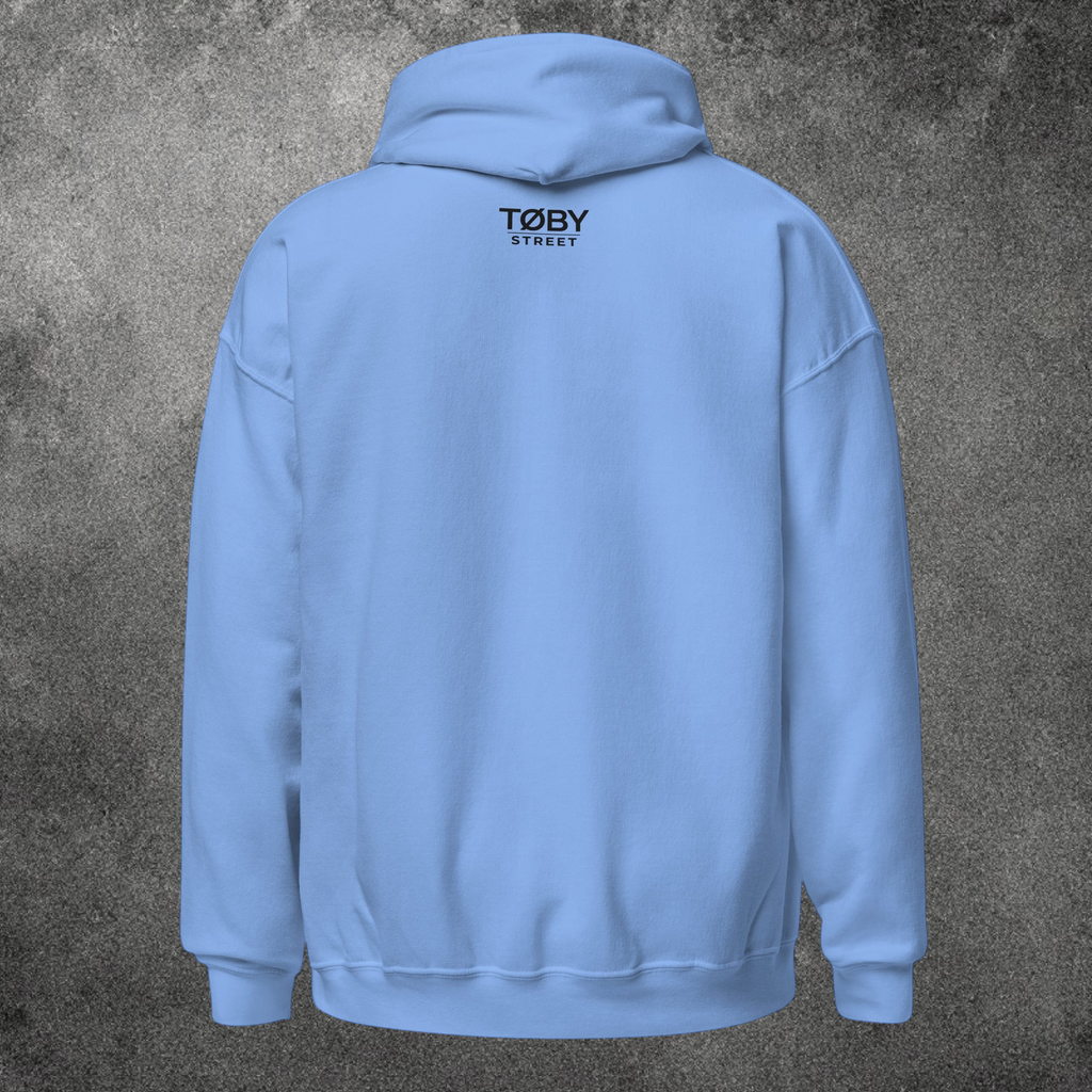 Sudadera con capucha TØBY STREET azul claro unisex de algodón y poliéster con diseño de espalda minimalista