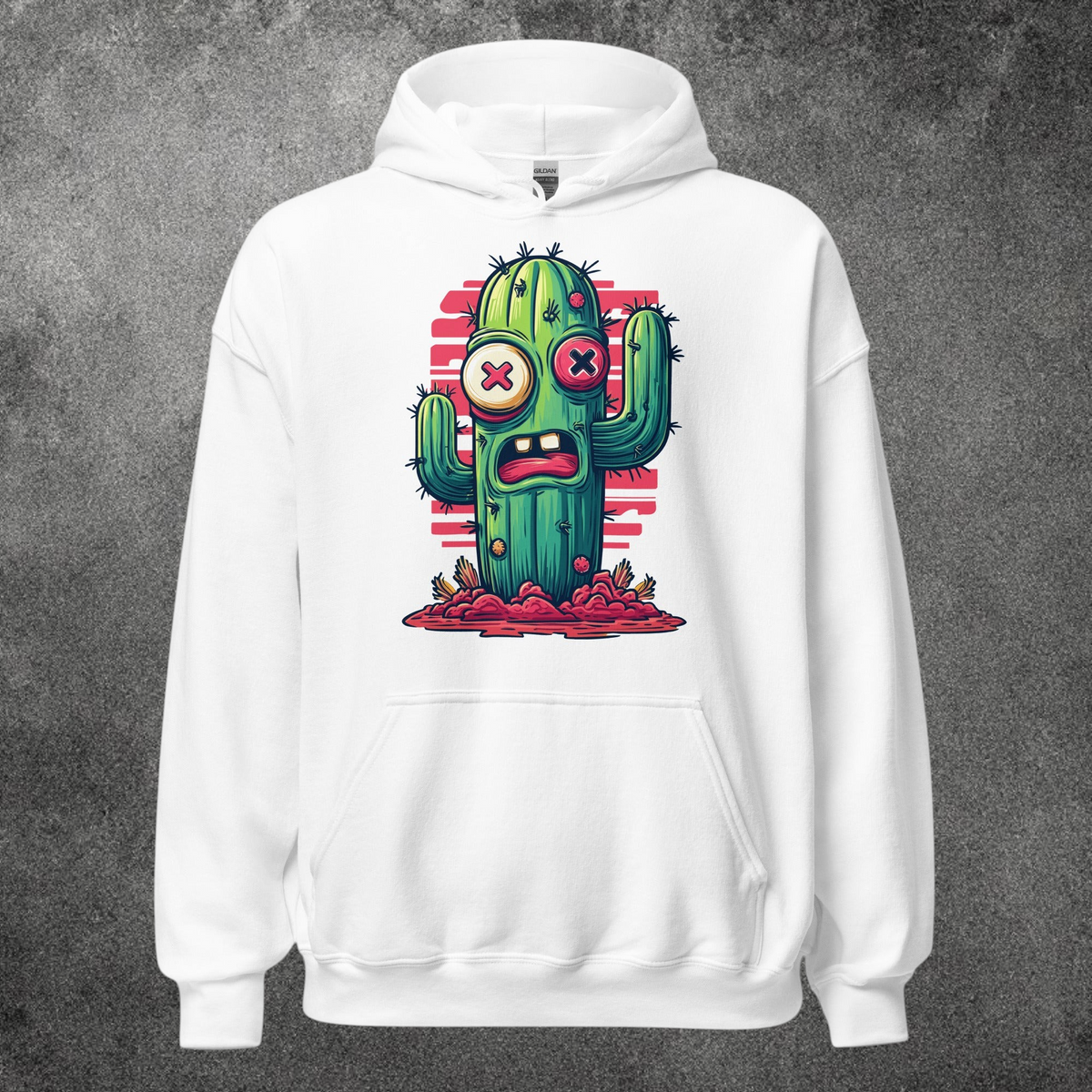 Sudadera con capucha blanca TØBY STREET con estampado gráfico de cactus estilo zombie y bolsillo canguro frontal