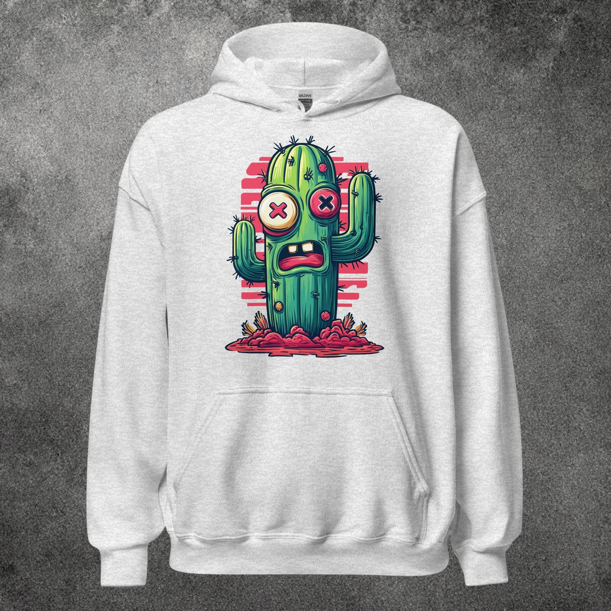 Sudadera con capucha unisex TØBY STREET gris jaspeado con estampado gráfico de cactus estilo zombie y bolsillo canguro