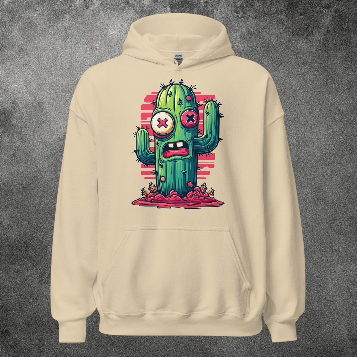 Sudadera con capucha TØBY STREET color crema con estampado gráfico de cactus estilo cartoon y bolsillo canguro