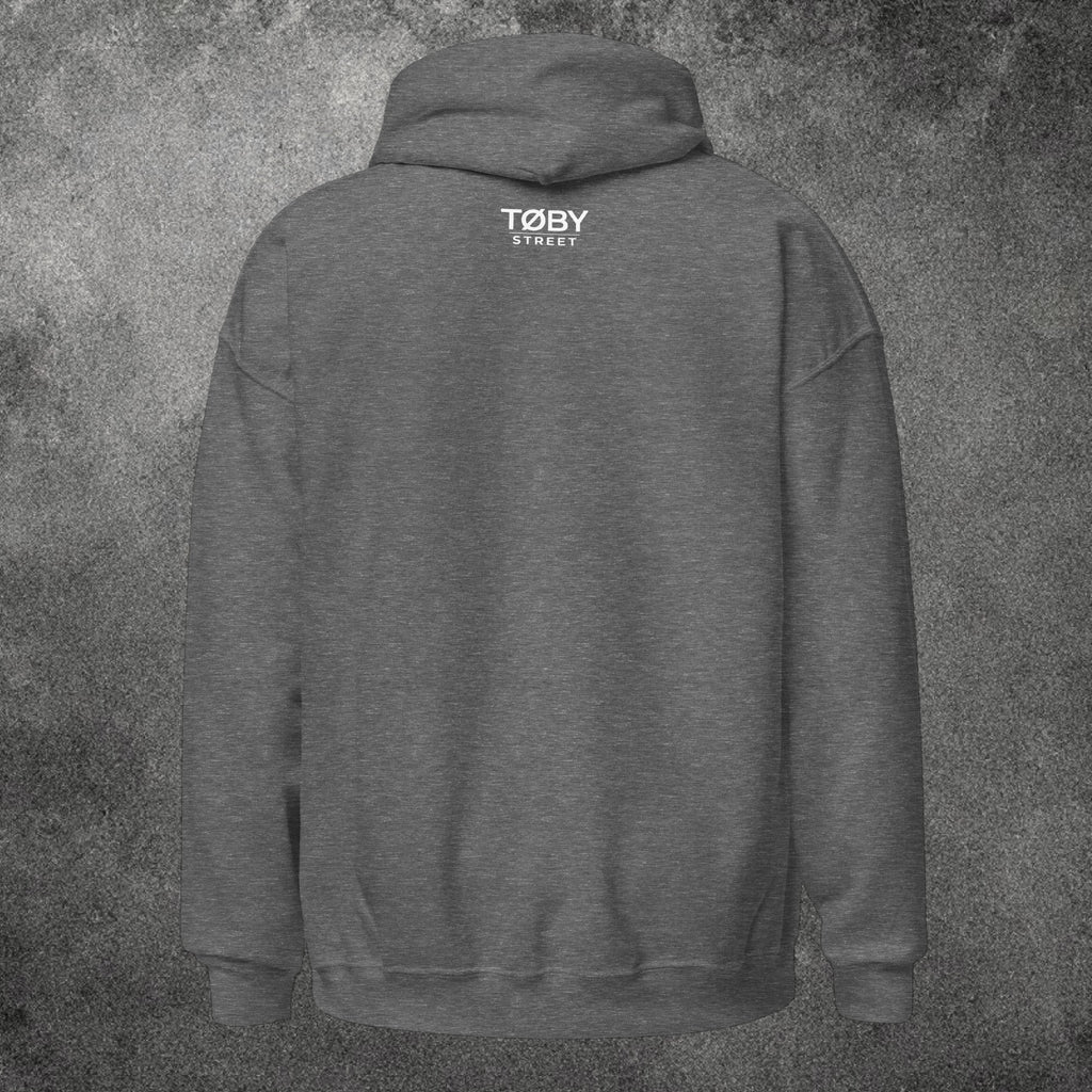Sudadera con capucha unisex gris jaspeado de TØBY STREET con logo estampado en la parte superior de la espalda