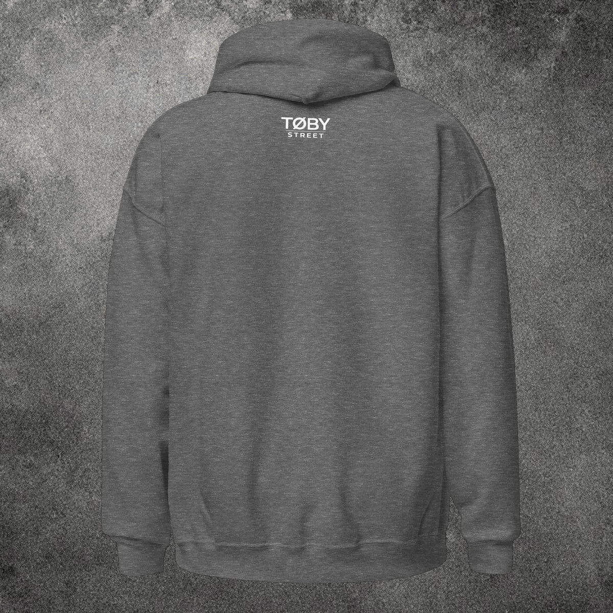 Sudadera con capucha unisex gris jaspeado de TØBY STREET con logo estampado en la parte superior de la espalda