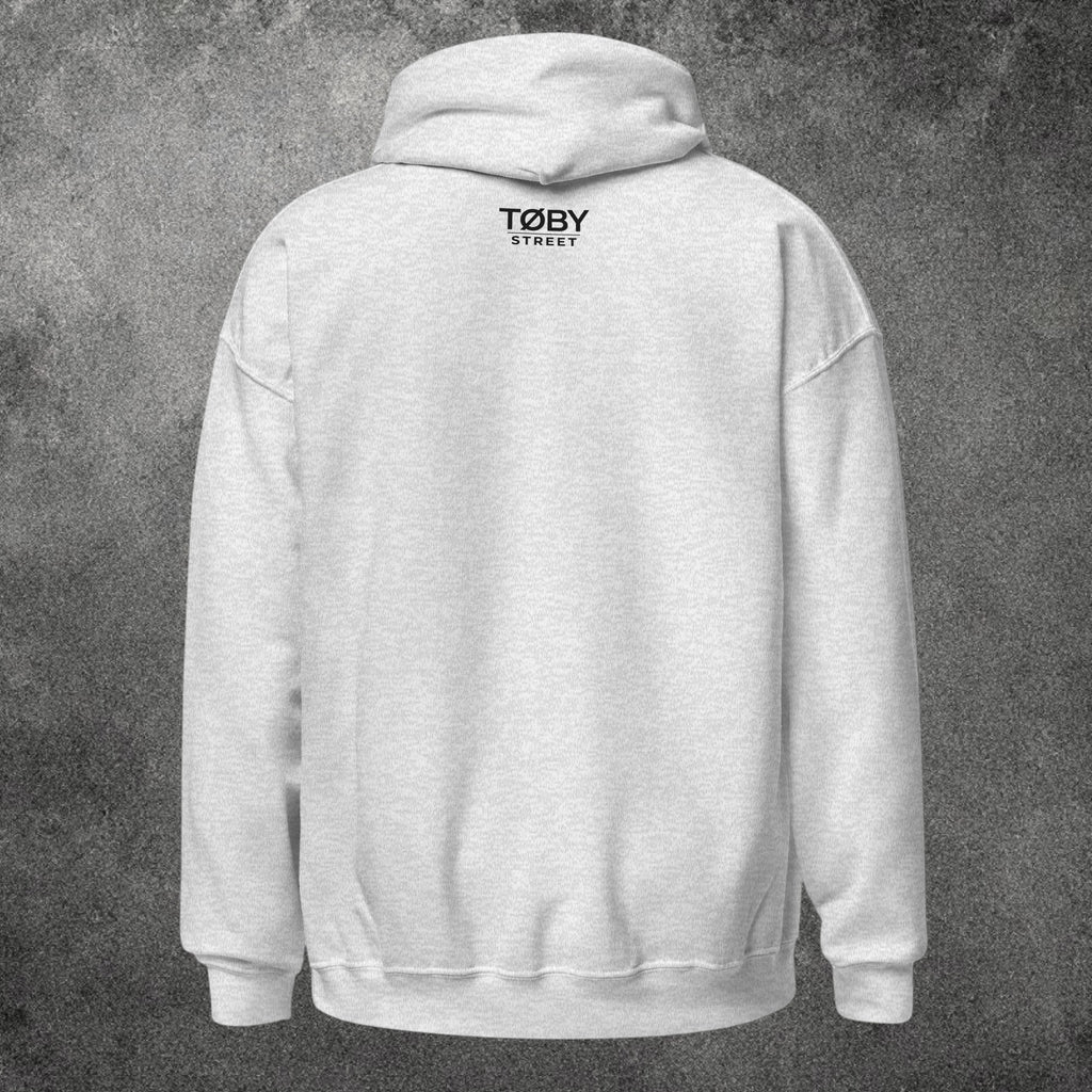 Sudadera con capucha unisex gris jaspeado de TØBY STREET con logo estampado en la parte superior de la espalda