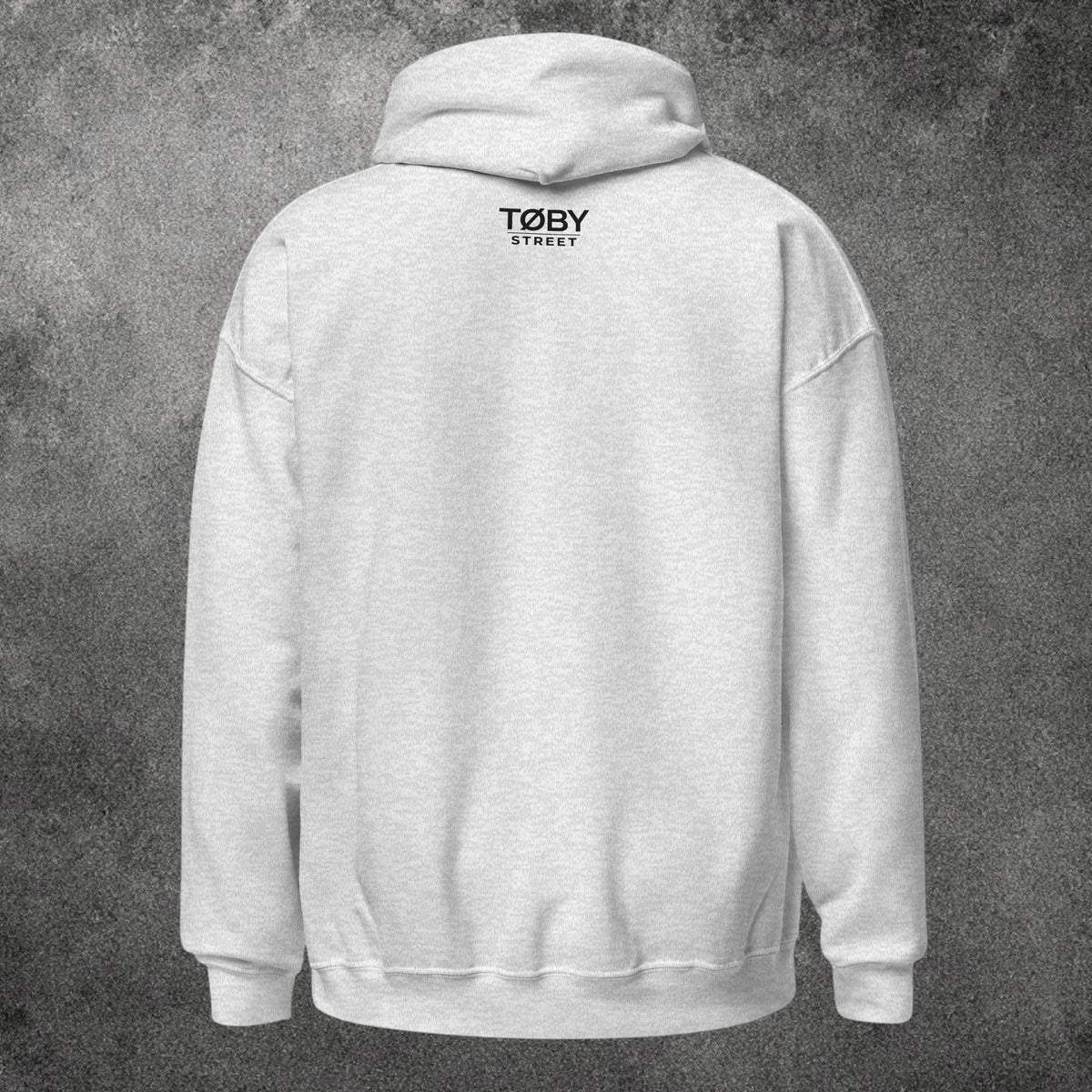 Sudadera con capucha unisex gris jaspeado de TØBY STREET con logo estampado en la parte superior de la espalda