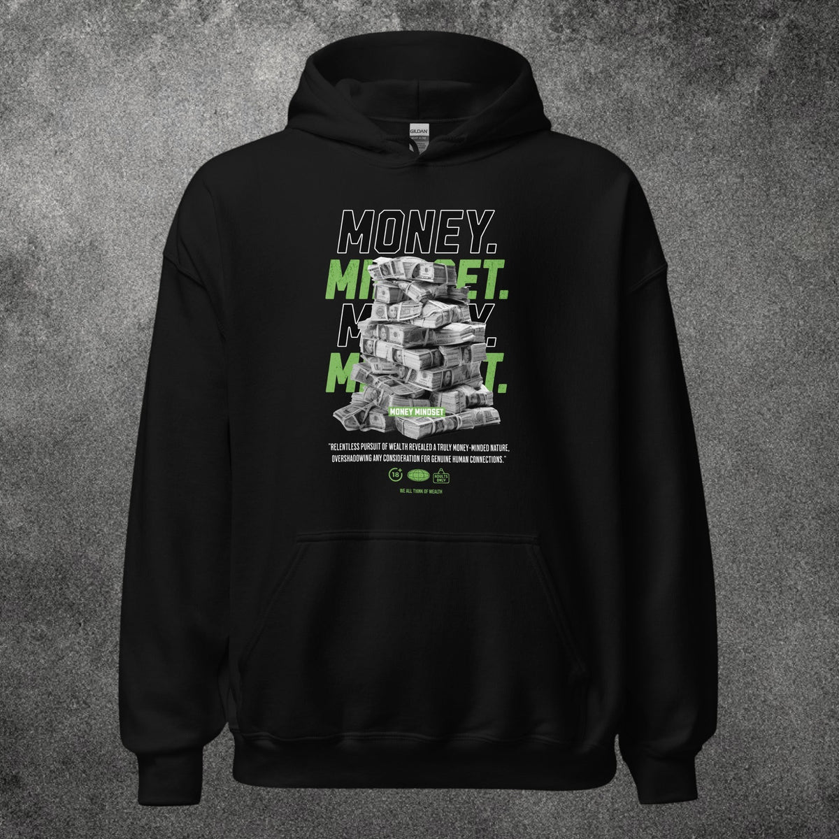 Sudadera con capucha negra TØBY STREET con estampado gráfico de fajos de billetes y texto motivacional en el pecho