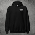 Sudadera con capucha unisex TØBY STREET en color negro con bolsillo canguro y logo estampado en el pecho