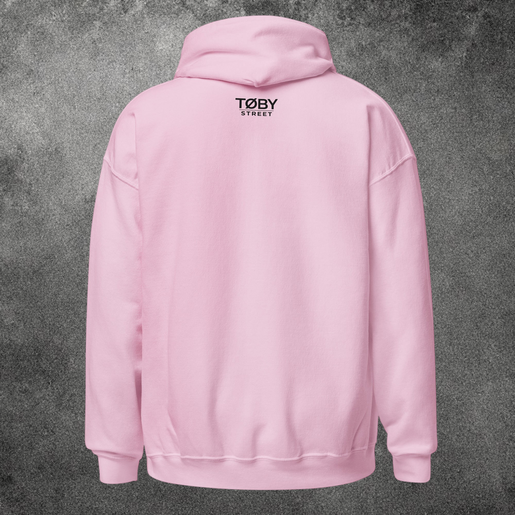 Sudadera con capucha unisex TØBY STREET de color rosa suave con logo estampado en la parte superior de la espalda
