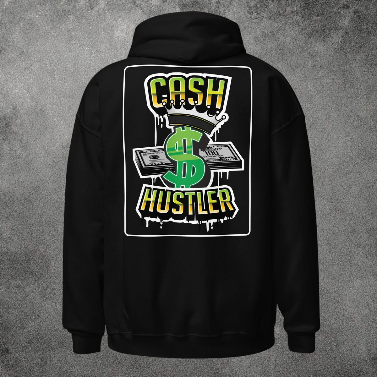 Sudadera con capucha negra TØBY STREET con estampado gráfico Cash Hustler y símbolo de dólar en la espalda