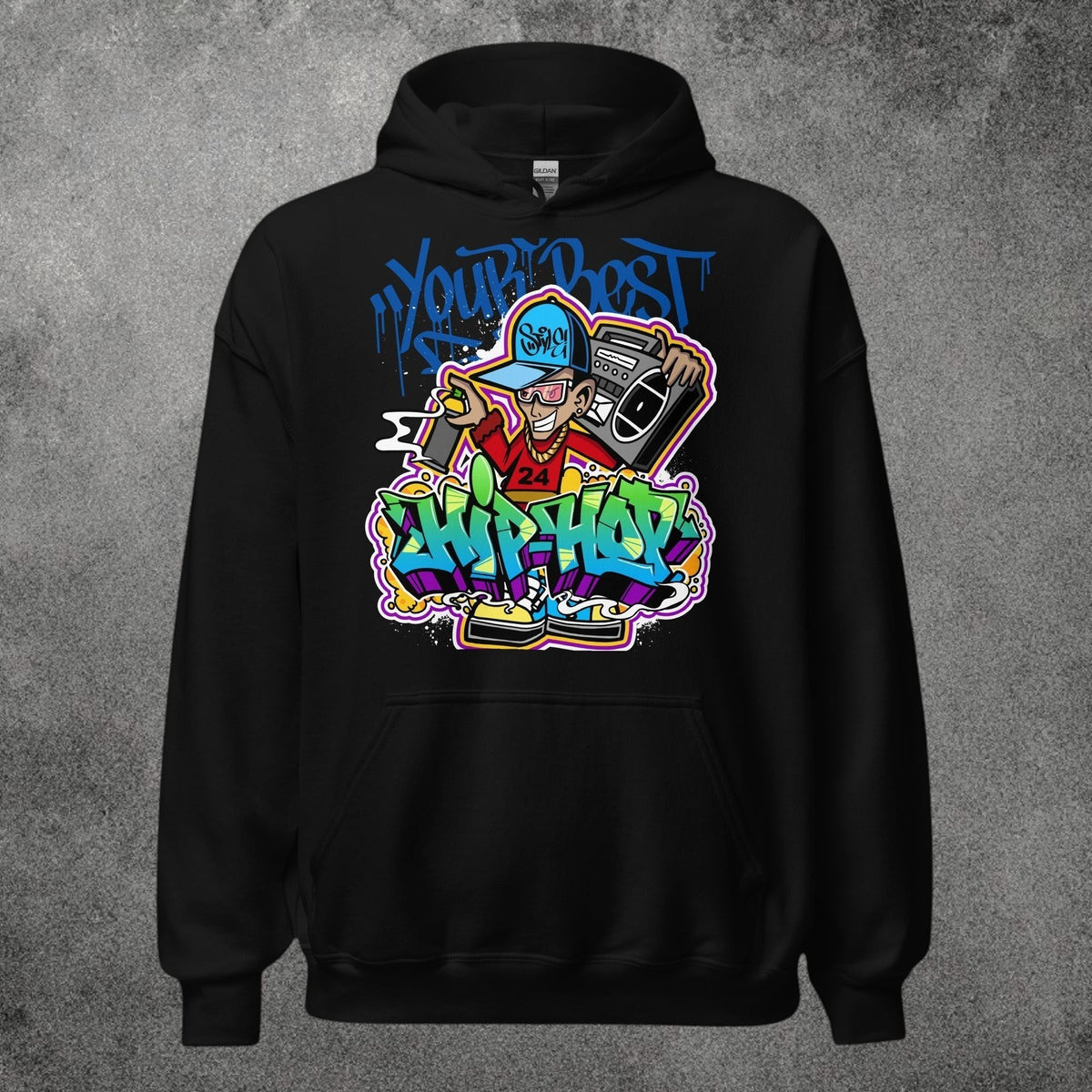 Sudadera con capucha negra TØBY STREET con estampado gráfico colorido de estilo hip hop y bolsillo canguro frontal